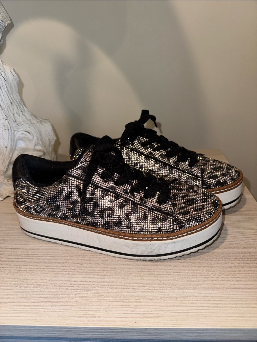 Chelsea & Violet Rhinestone Leopard-Print Platform Sneakers - Black/Beige 7.5
